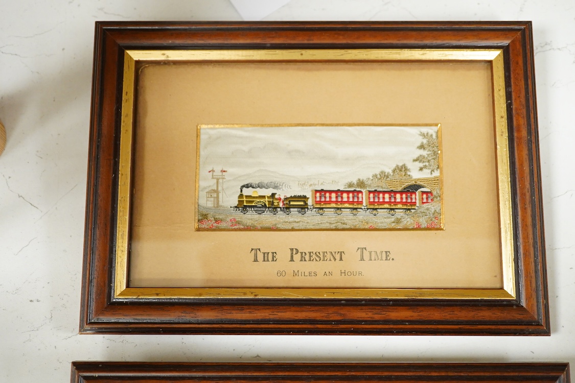 Two Victorian Stevengraphs comprising The Good Old Days and The Present Time, framed, 26cm wide